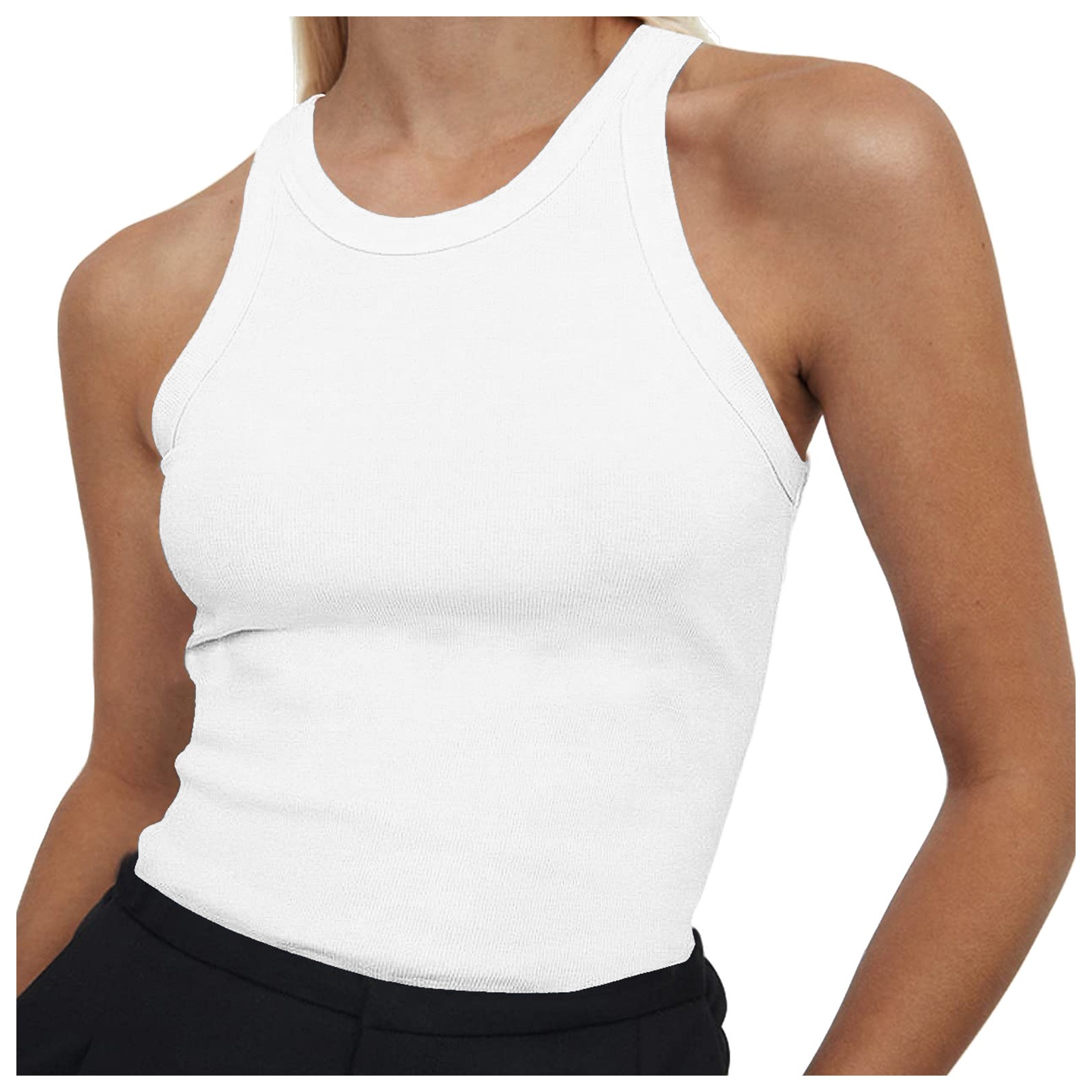 thumbnail image 2 of Camiseta sin mangas de algodón acanalado para mujer - Camiseta ajustada con cuello redondo y espalda nadadora, poliéster, informal/deportiva, largo completo (XS-L), 2 of 4